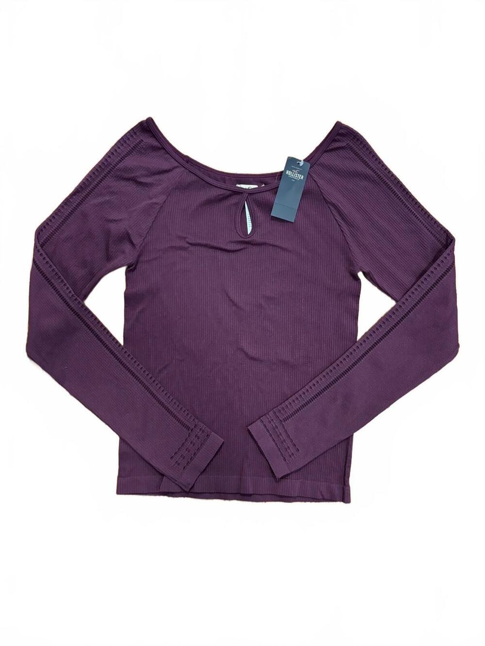 Hollister Women's Large Plum Purple Long Sleeve Ribbed Top with Decorative Trim